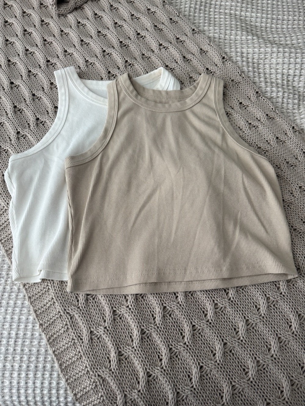 Ribbed Tank Crop Top Duo - White & Tan